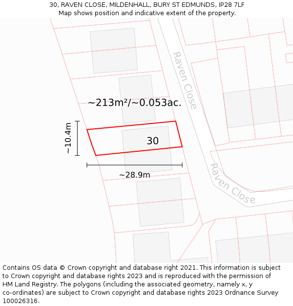 30, RAVEN CLOSE, MILDENHALL, BURY ST EDMUNDS, IP28 7LF: Plot and title map