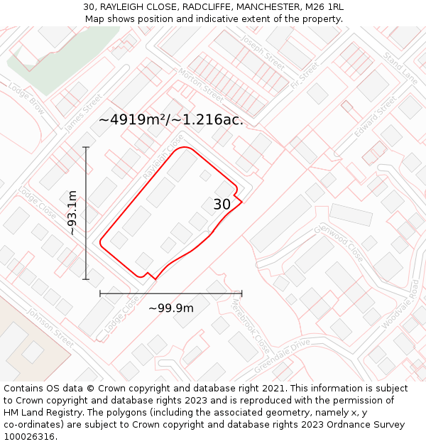30, RAYLEIGH CLOSE, RADCLIFFE, MANCHESTER, M26 1RL: Plot and title map