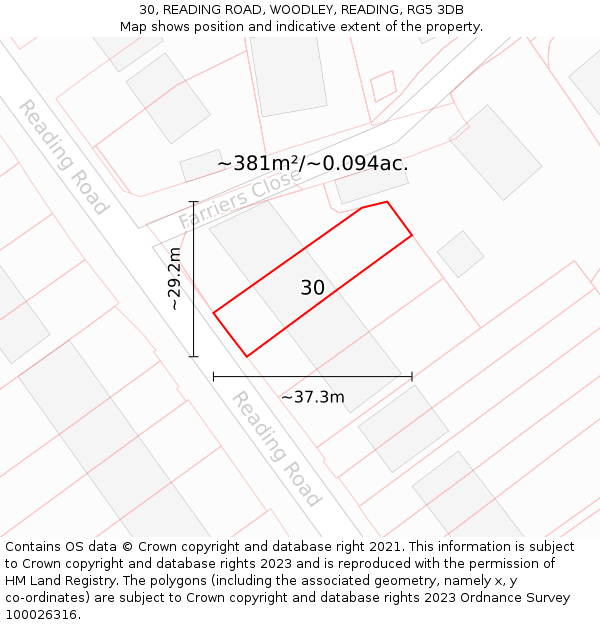 30, READING ROAD, WOODLEY, READING, RG5 3DB: Plot and title map