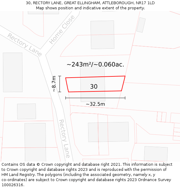 30, RECTORY LANE, GREAT ELLINGHAM, ATTLEBOROUGH, NR17 1LD: Plot and title map