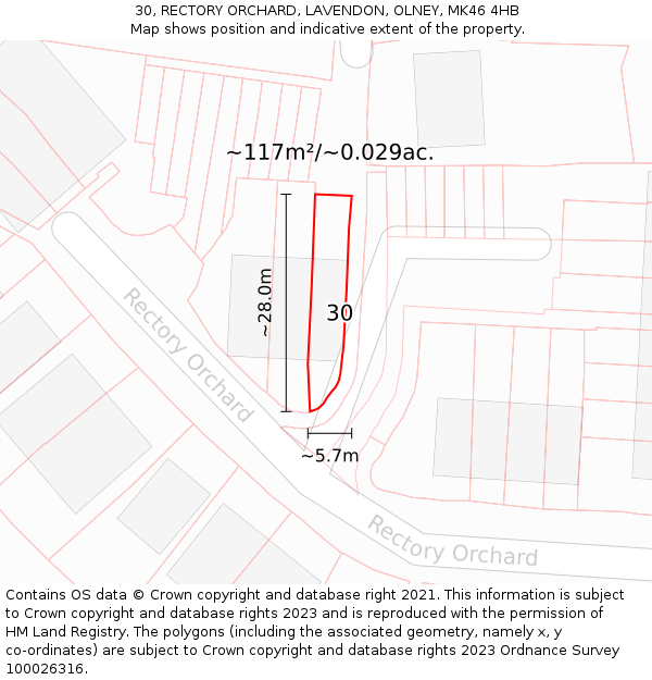 30, RECTORY ORCHARD, LAVENDON, OLNEY, MK46 4HB: Plot and title map