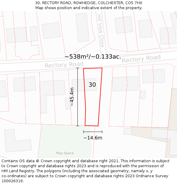 30, RECTORY ROAD, ROWHEDGE, COLCHESTER, CO5 7HX: Plot and title map
