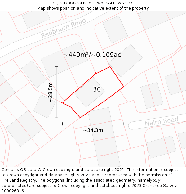 30, REDBOURN ROAD, WALSALL, WS3 3XT: Plot and title map