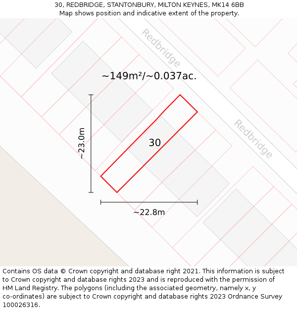 30, REDBRIDGE, STANTONBURY, MILTON KEYNES, MK14 6BB: Plot and title map