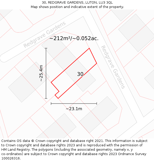 30, REDGRAVE GARDENS, LUTON, LU3 3QL: Plot and title map