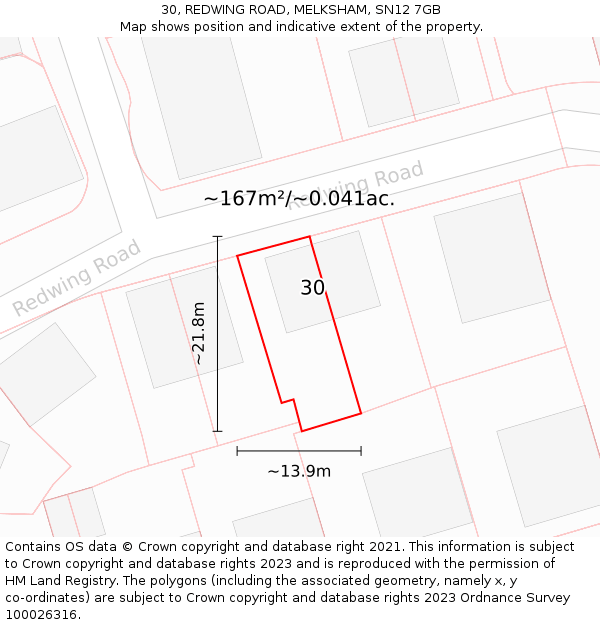 30, REDWING ROAD, MELKSHAM, SN12 7GB: Plot and title map