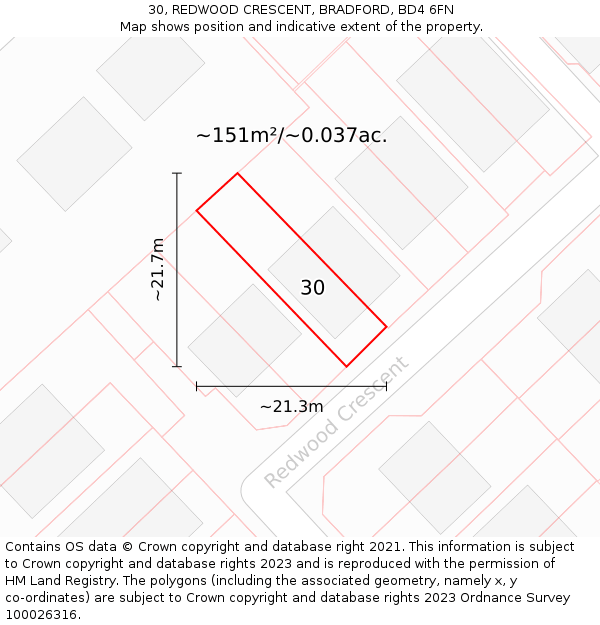 30, REDWOOD CRESCENT, BRADFORD, BD4 6FN: Plot and title map