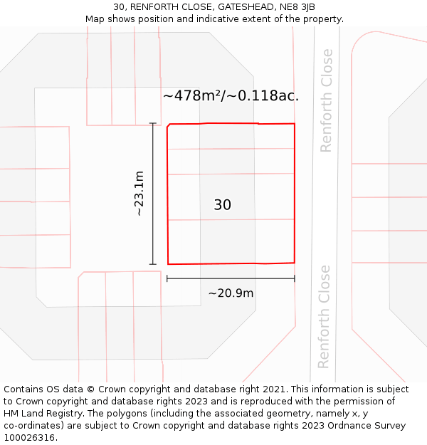 30, RENFORTH CLOSE, GATESHEAD, NE8 3JB: Plot and title map