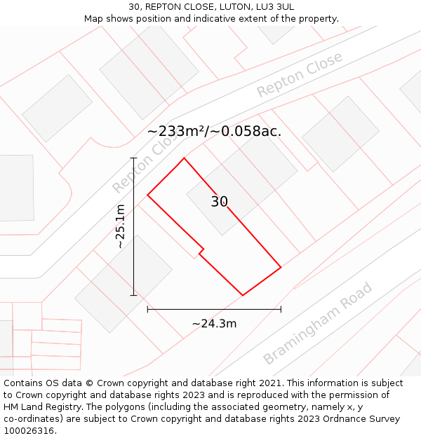 30, REPTON CLOSE, LUTON, LU3 3UL: Plot and title map