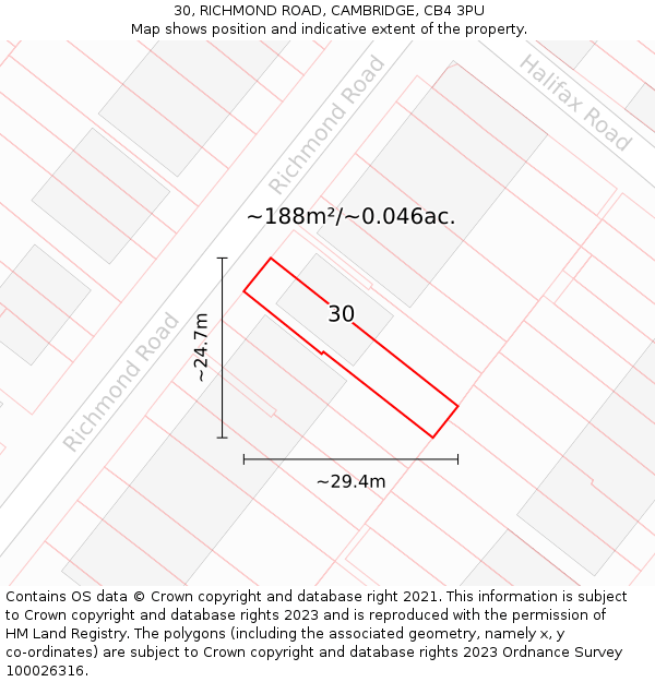 30, RICHMOND ROAD, CAMBRIDGE, CB4 3PU: Plot and title map