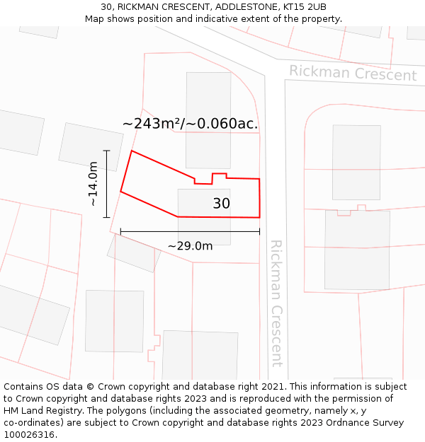 30, RICKMAN CRESCENT, ADDLESTONE, KT15 2UB: Plot and title map