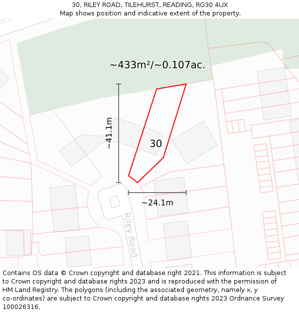 30, RILEY ROAD, TILEHURST, READING, RG30 4UX: Plot and title map