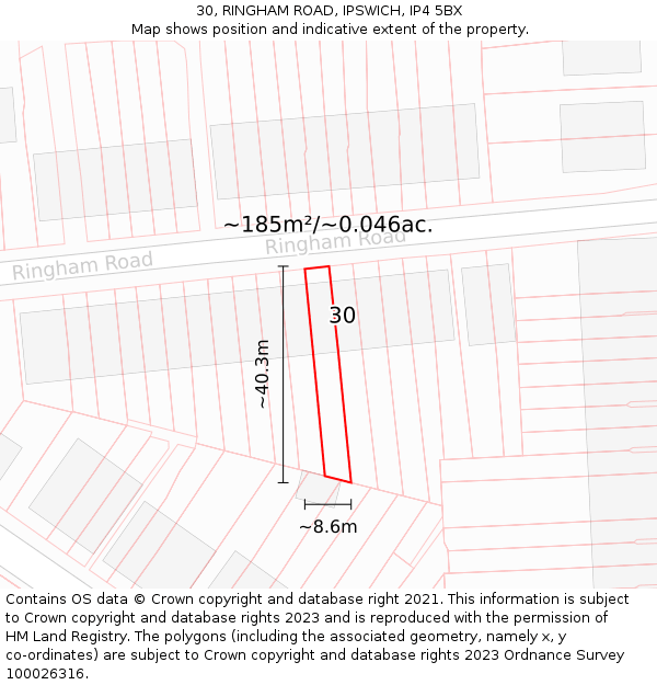 30, RINGHAM ROAD, IPSWICH, IP4 5BX: Plot and title map