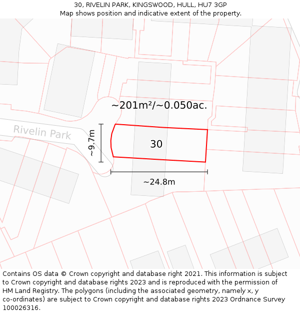 30, RIVELIN PARK, KINGSWOOD, HULL, HU7 3GP: Plot and title map