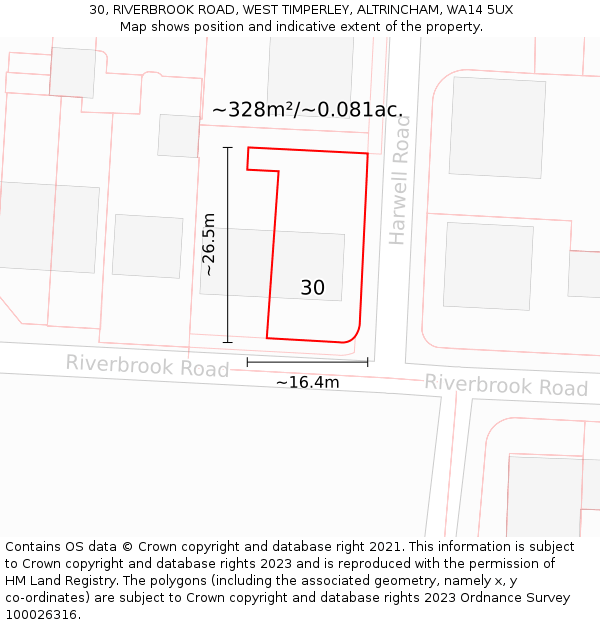 30, RIVERBROOK ROAD, WEST TIMPERLEY, ALTRINCHAM, WA14 5UX: Plot and title map