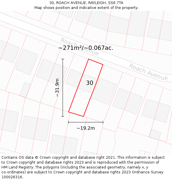 30, ROACH AVENUE, RAYLEIGH, SS6 7TA: Plot and title map