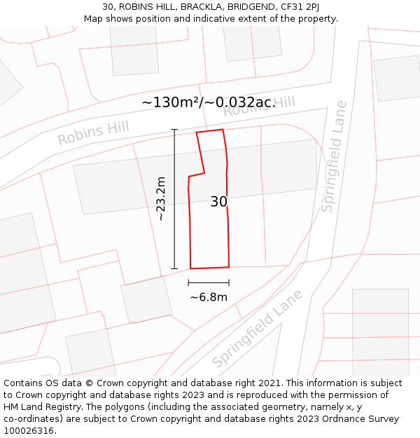 30, ROBINS HILL, BRACKLA, BRIDGEND, CF31 2PJ: Plot and title map