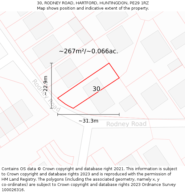 30, RODNEY ROAD, HARTFORD, HUNTINGDON, PE29 1RZ: Plot and title map