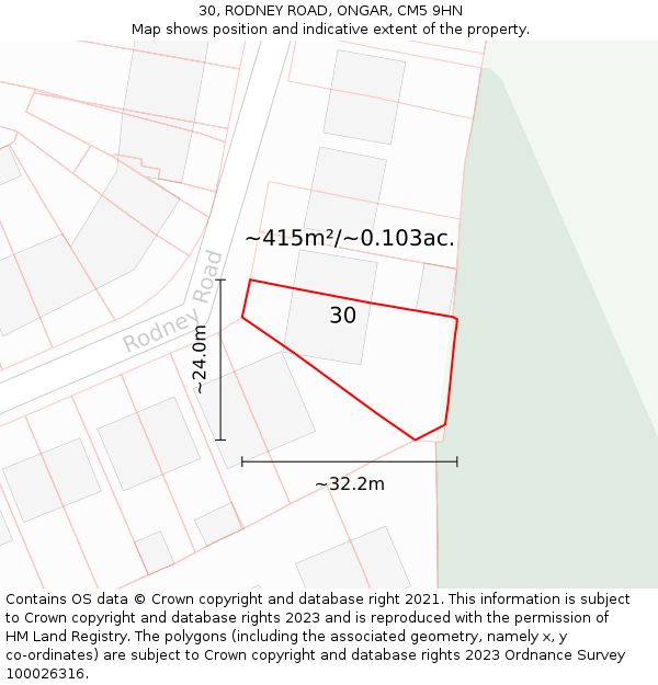 30, RODNEY ROAD, ONGAR, CM5 9HN: Plot and title map