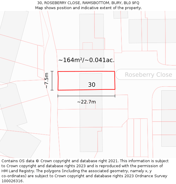 30, ROSEBERRY CLOSE, RAMSBOTTOM, BURY, BL0 9FQ: Plot and title map