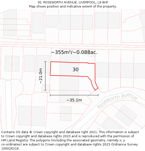 30, ROSEWORTH AVENUE, LIVERPOOL, L9 8HF: Plot and title map