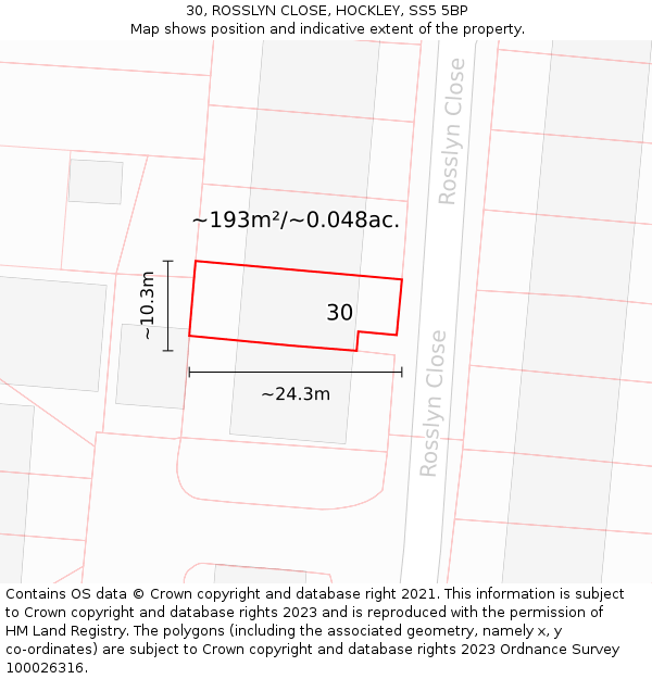 30, ROSSLYN CLOSE, HOCKLEY, SS5 5BP: Plot and title map