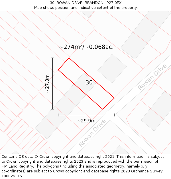 30, ROWAN DRIVE, BRANDON, IP27 0EX: Plot and title map