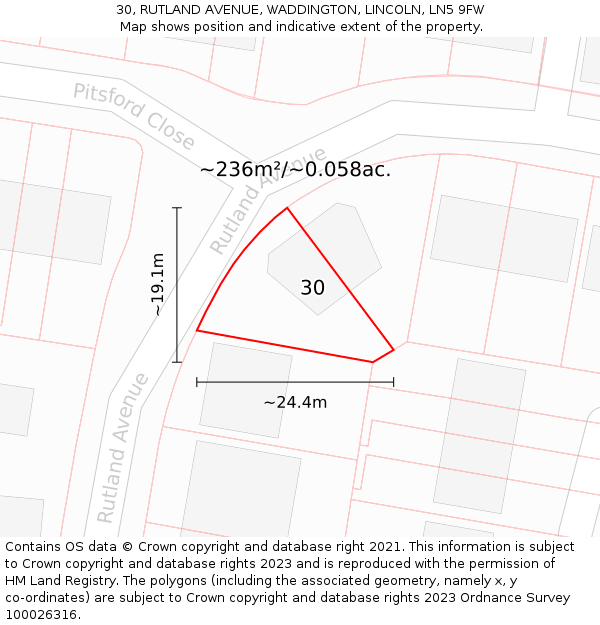 30, RUTLAND AVENUE, WADDINGTON, LINCOLN, LN5 9FW: Plot and title map