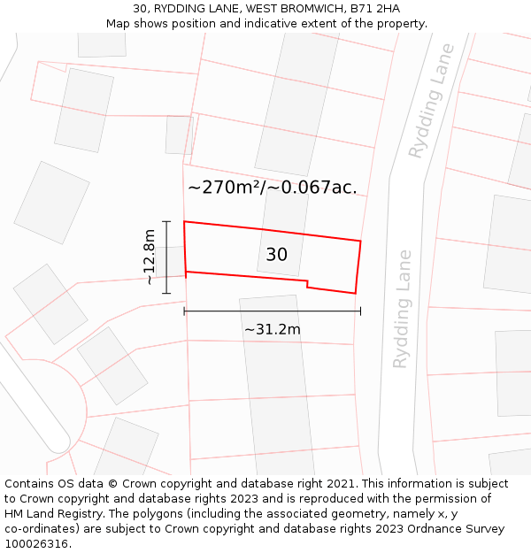 30, RYDDING LANE, WEST BROMWICH, B71 2HA: Plot and title map