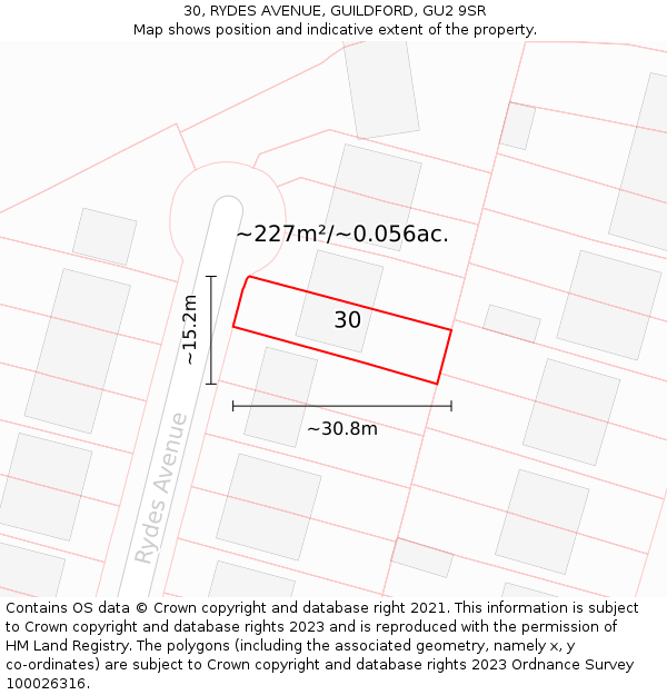 30, RYDES AVENUE, GUILDFORD, GU2 9SR: Plot and title map