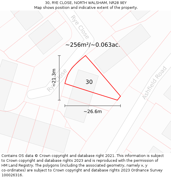 30, RYE CLOSE, NORTH WALSHAM, NR28 9EY: Plot and title map