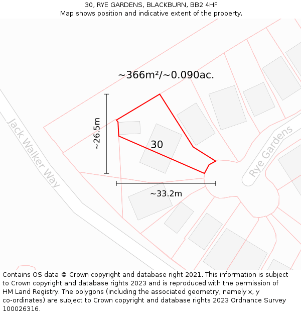 30, RYE GARDENS, BLACKBURN, BB2 4HF: Plot and title map