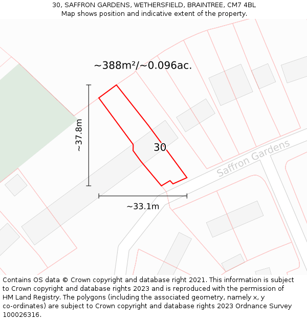 30, SAFFRON GARDENS, WETHERSFIELD, BRAINTREE, CM7 4BL: Plot and title map