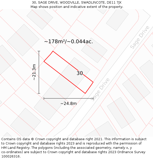 30, SAGE DRIVE, WOODVILLE, SWADLINCOTE, DE11 7JX: Plot and title map