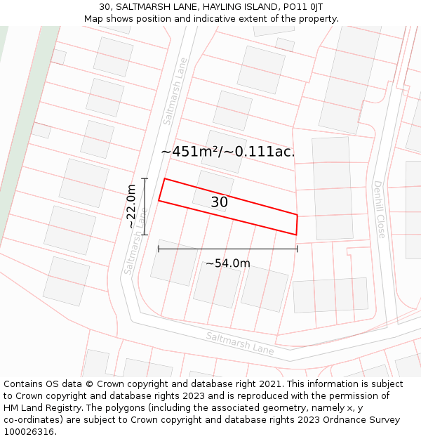 30, SALTMARSH LANE, HAYLING ISLAND, PO11 0JT: Plot and title map