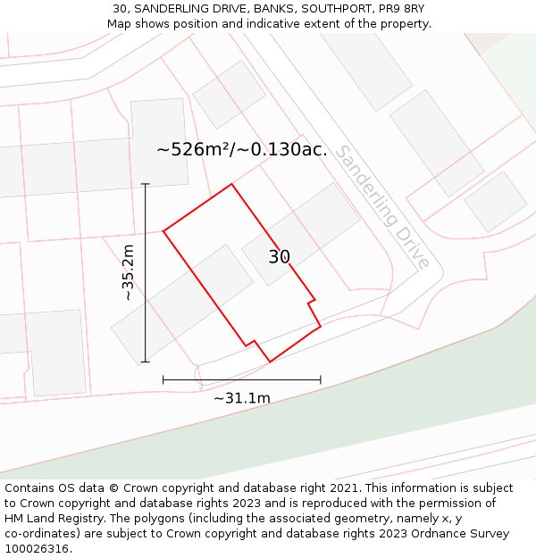 30, SANDERLING DRIVE, BANKS, SOUTHPORT, PR9 8RY: Plot and title map