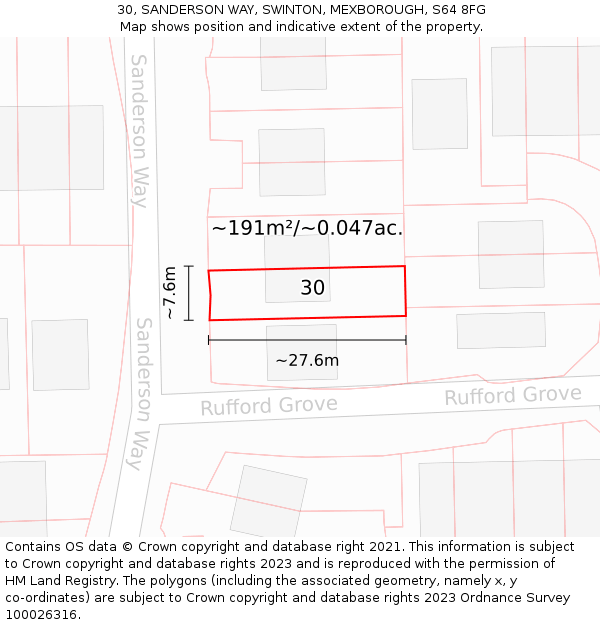 30, SANDERSON WAY, SWINTON, MEXBOROUGH, S64 8FG: Plot and title map