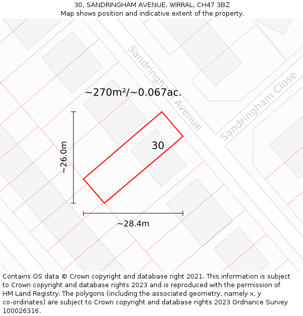 30, SANDRINGHAM AVENUE, WIRRAL, CH47 3BZ: Plot and title map
