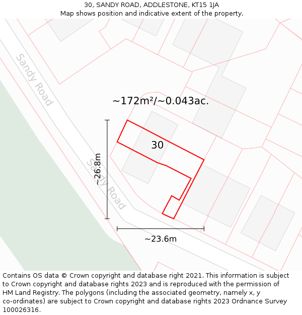 30, SANDY ROAD, ADDLESTONE, KT15 1JA: Plot and title map