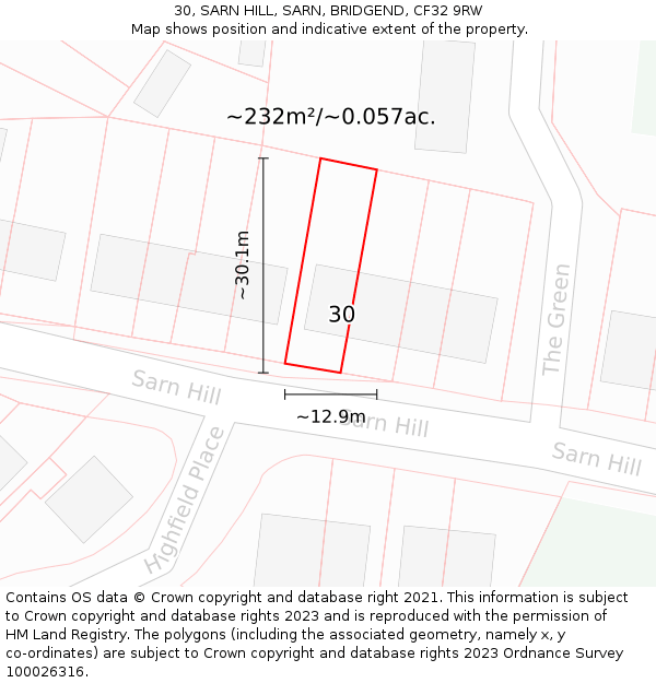 30, SARN HILL, SARN, BRIDGEND, CF32 9RW: Plot and title map