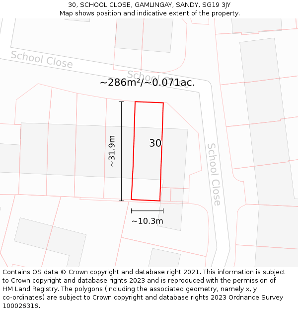 30, SCHOOL CLOSE, GAMLINGAY, SANDY, SG19 3JY: Plot and title map