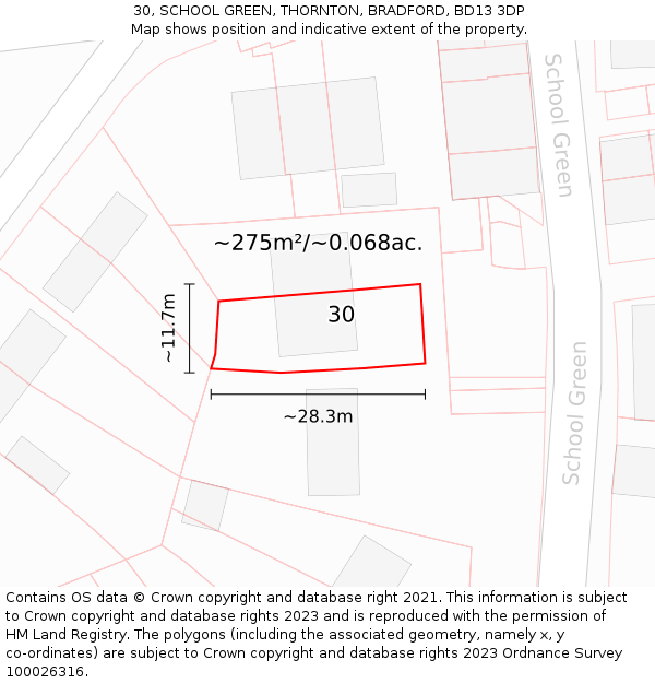 30, SCHOOL GREEN, THORNTON, BRADFORD, BD13 3DP: Plot and title map