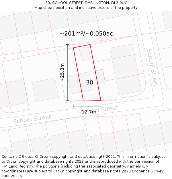 30, SCHOOL STREET, DARLINGTON, DL3 0UG: Plot and title map