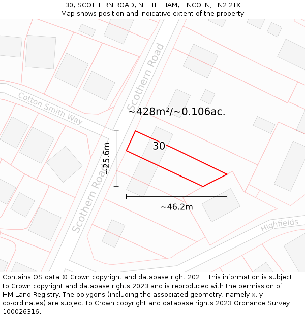30, SCOTHERN ROAD, NETTLEHAM, LINCOLN, LN2 2TX: Plot and title map