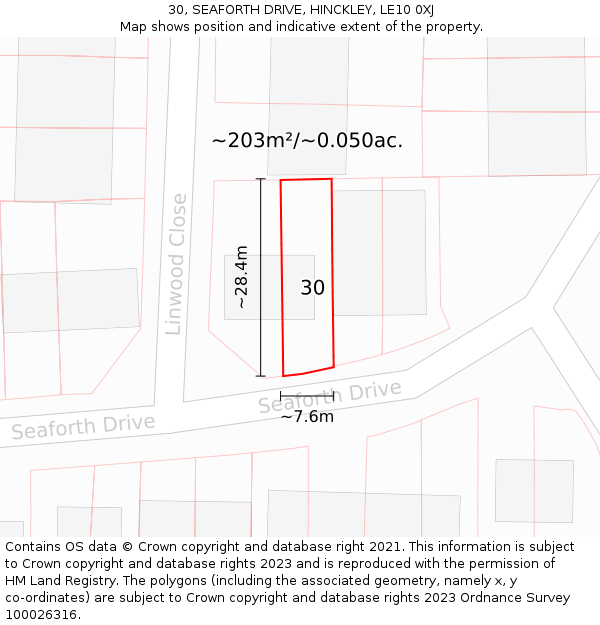 30, SEAFORTH DRIVE, HINCKLEY, LE10 0XJ: Plot and title map
