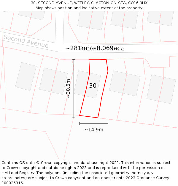 30, SECOND AVENUE, WEELEY, CLACTON-ON-SEA, CO16 9HX: Plot and title map