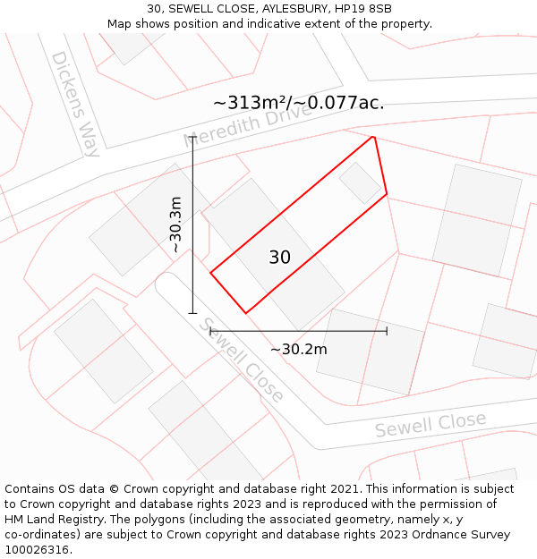 30, SEWELL CLOSE, AYLESBURY, HP19 8SB: Plot and title map