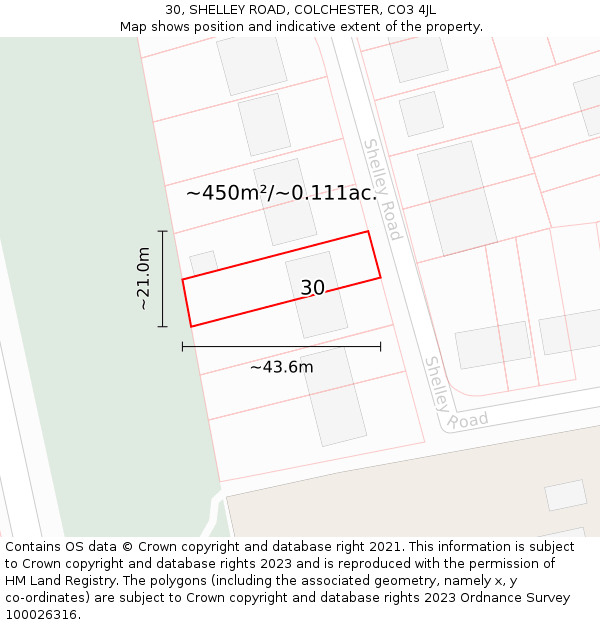 30, SHELLEY ROAD, COLCHESTER, CO3 4JL: Plot and title map