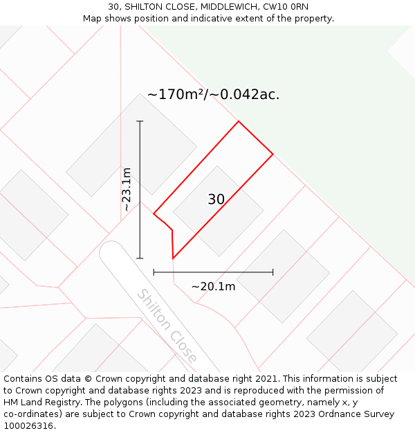 30, SHILTON CLOSE, MIDDLEWICH, CW10 0RN: Plot and title map
