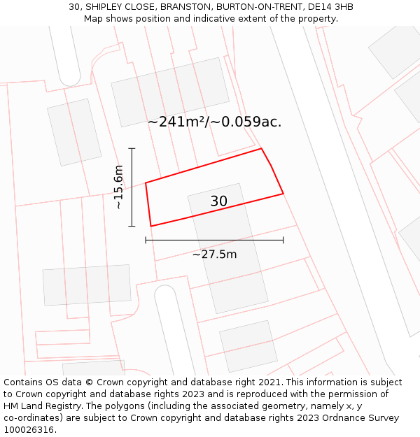 30, SHIPLEY CLOSE, BRANSTON, BURTON-ON-TRENT, DE14 3HB: Plot and title map